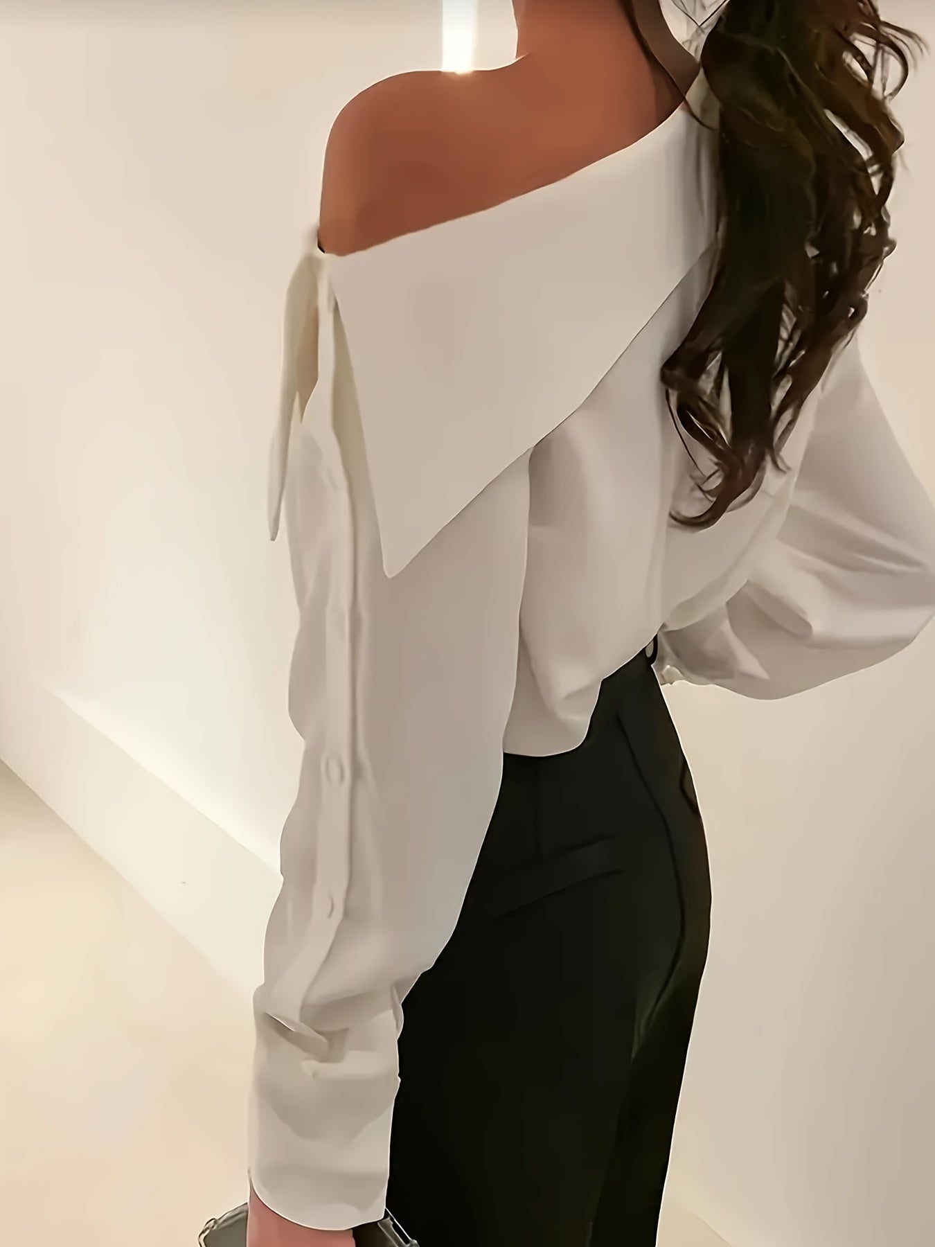 Plus-Size Women's Blouse Polyester One-Shoulder Long Sleeve Solid Color