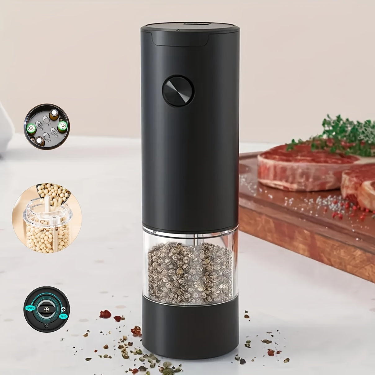 Batareya bilan ishlaydigan ziravorlarni maydalash uchun maydalagich, sozlanadigan qattiqlik, shaffof konteyner, bitta bosish bilan maydalash