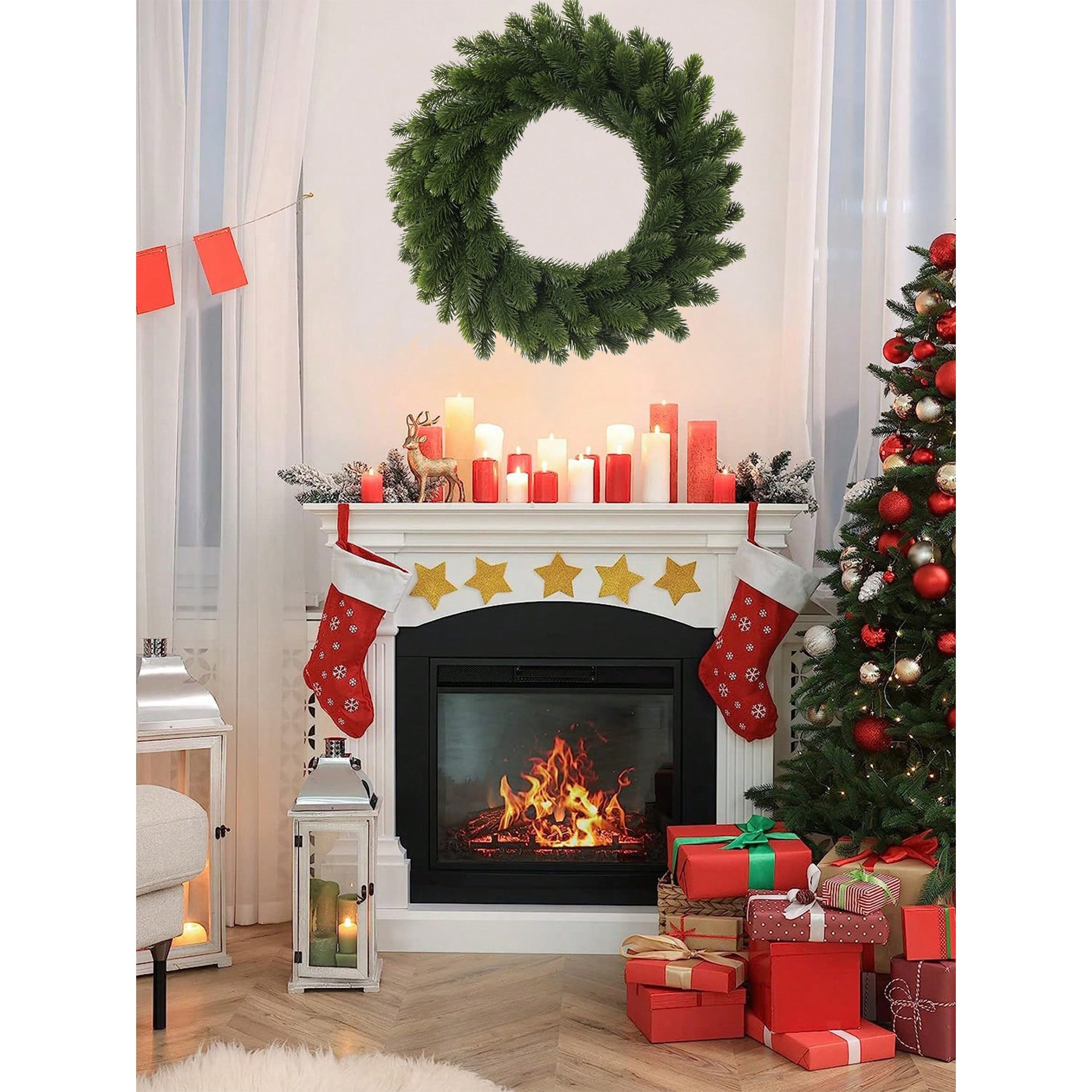 Green Pine Needle Wreath for Christmas Indoor Outdoor Decor