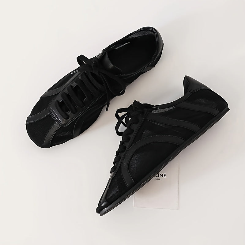 Women's Breathable Lace-Up Ballet Flats Almond Toe Casual Shoes Black