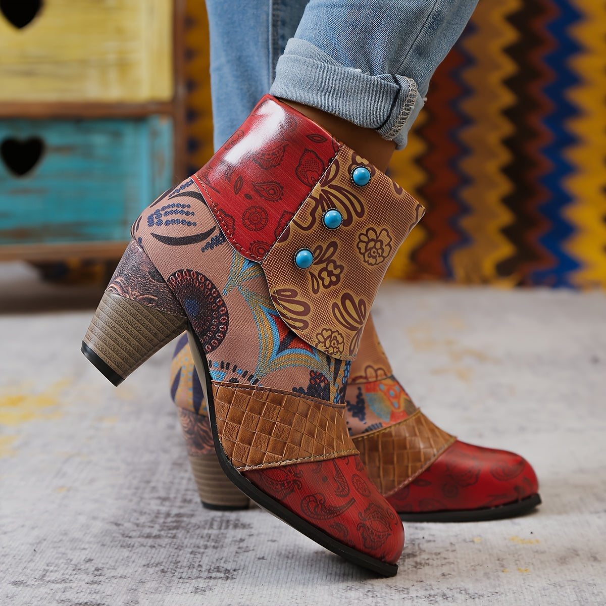 Women Bohemian Ankle Boots Fabric Insole Block Heel with Floral Patterns