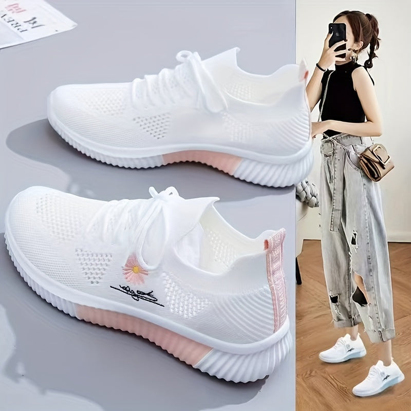 Zapatos deportivos blancos para mujer con bordado floral, zapatillas casuales transpirables y ligeras