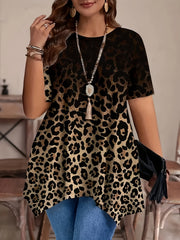 Women's Leopard Print Short Sleeve T-Shirt Blue Brown Plus Size Casual