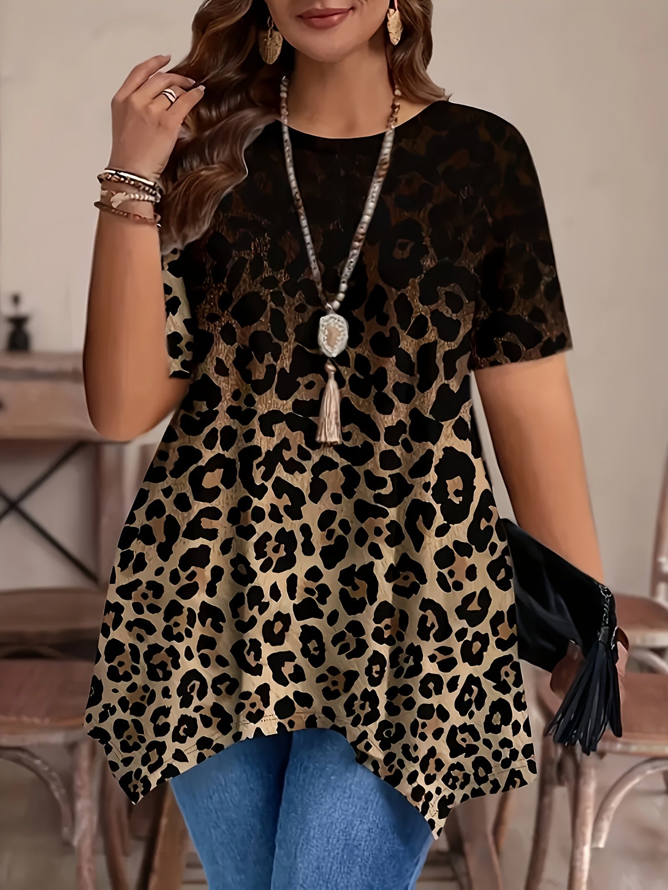 Women's Leopard Print Short Sleeve T-Shirt Blue Brown Plus Size Casual