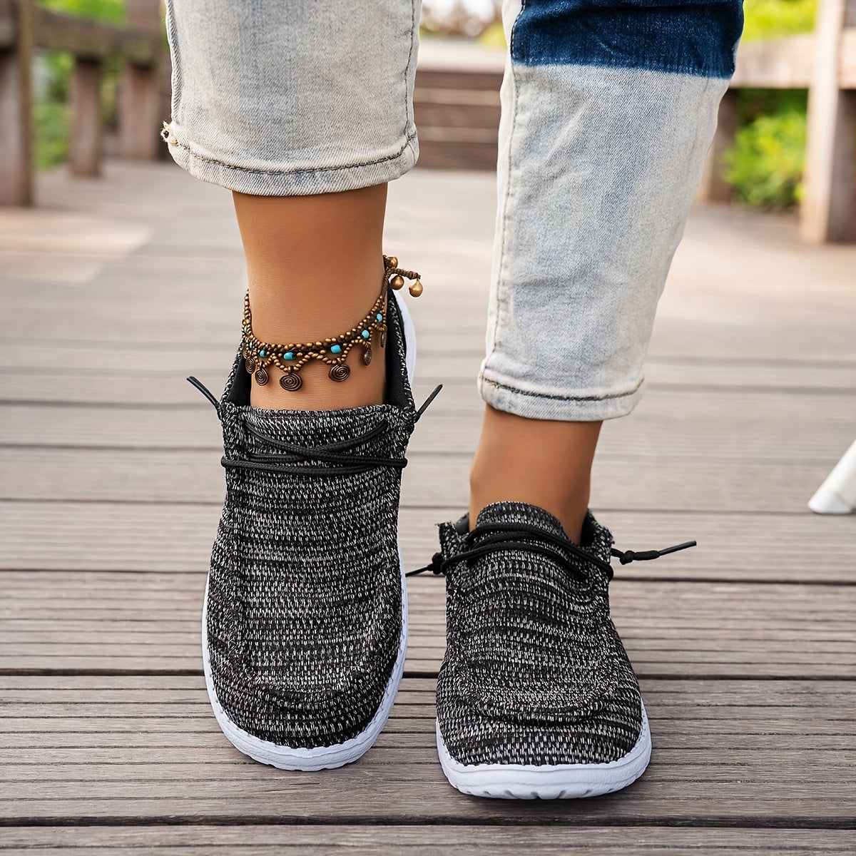 Women's Knit Slip-On Shoes with Round Toe Breathable Anti-Slip Flat Sole