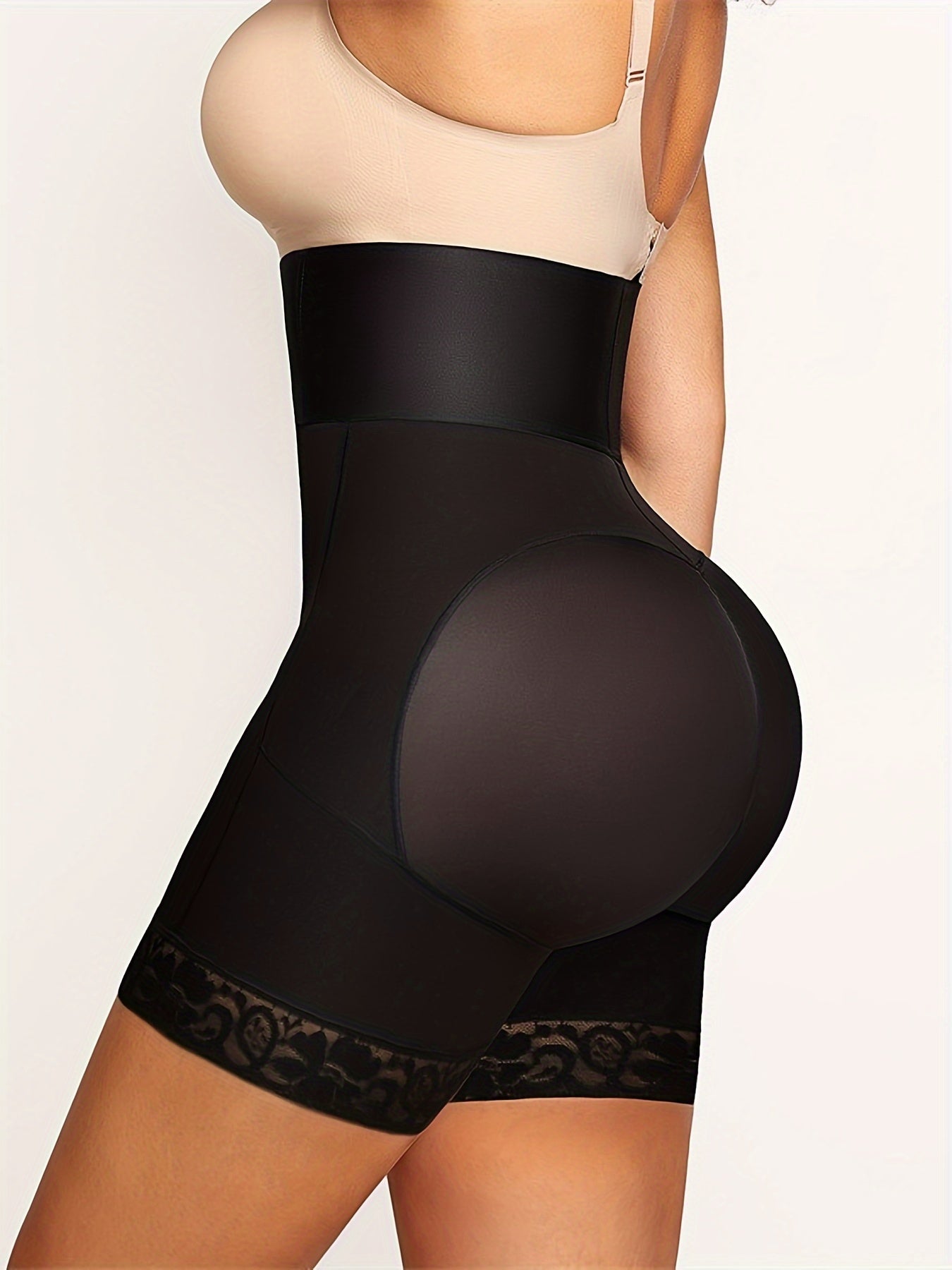 High Waist Shapewear Shorts with Lace Edges Belly and Hip Lift Solid Color