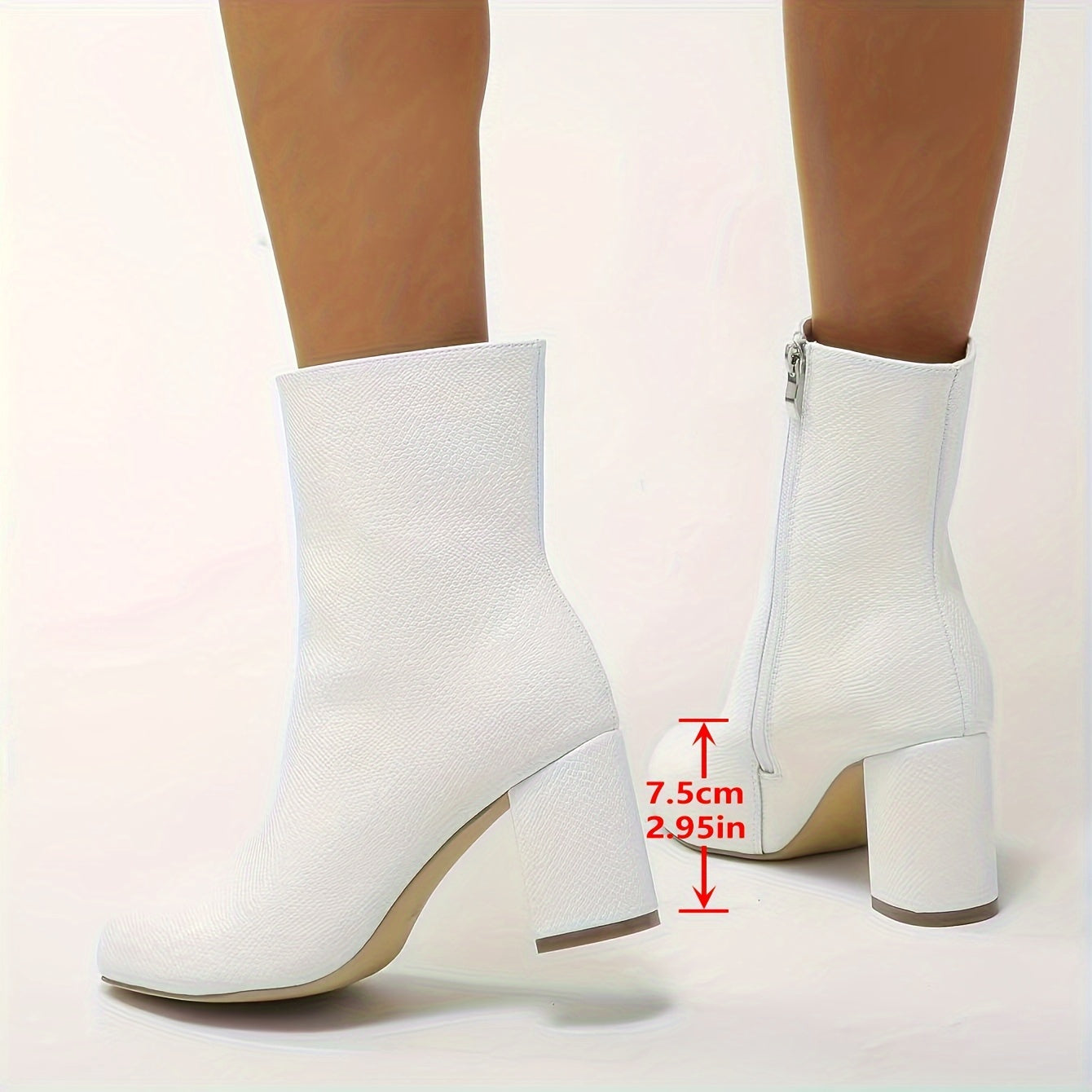 Women's Winter Boots Leather Chunky Heel Side Zipper Plush Lining