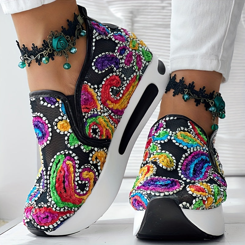 Women’s Colorful Embroidered Floral Slip-On Sneakers Breathable Fabric