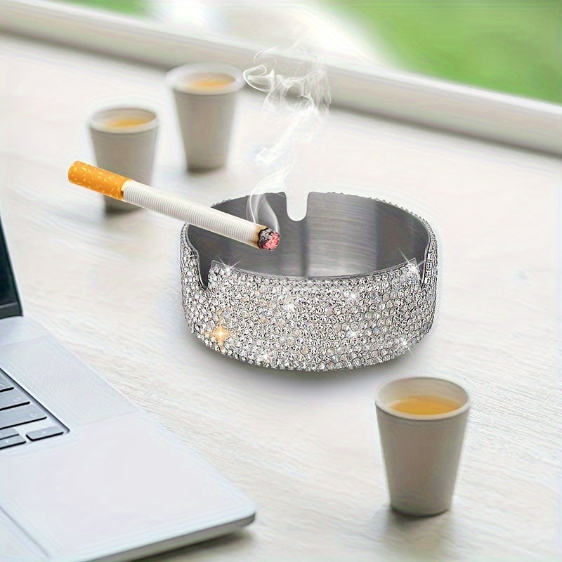 Unisex Rhinestone Studded Stainless Steel Ashtray for Home and Bar Use