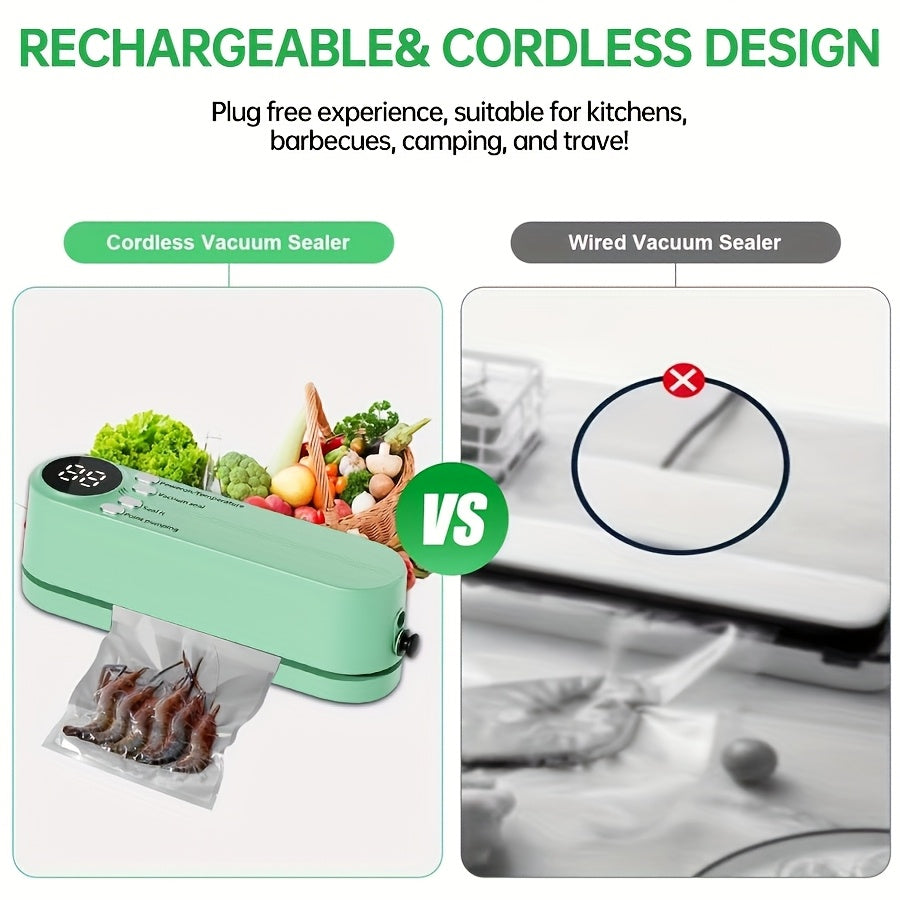 Selladora al vacío recargable por USB con indicador LED, conservador de alimentos automático, cuchillo, bolsa, modo seco/húmedo, herramienta de cocina compacta para conservación de alimentos