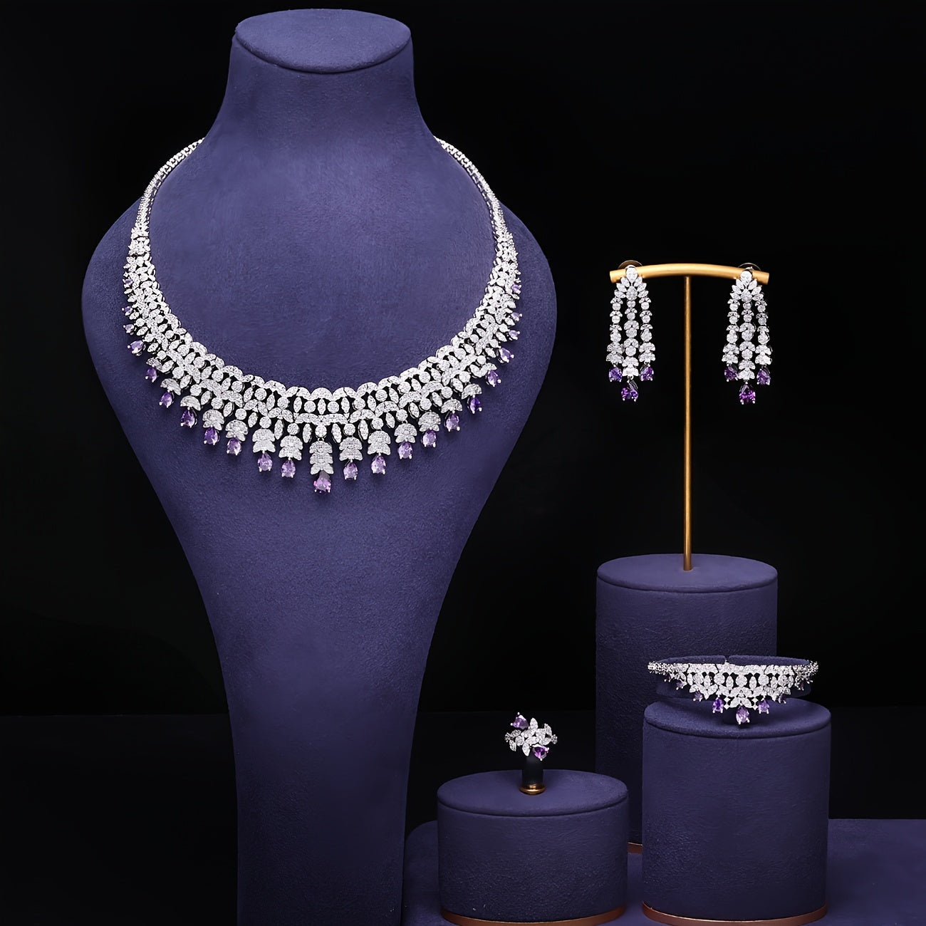 White Cubic Zirconia Bridal Jewelry Set Necklace Earrings Ring Gold Plated Wedding Accessories