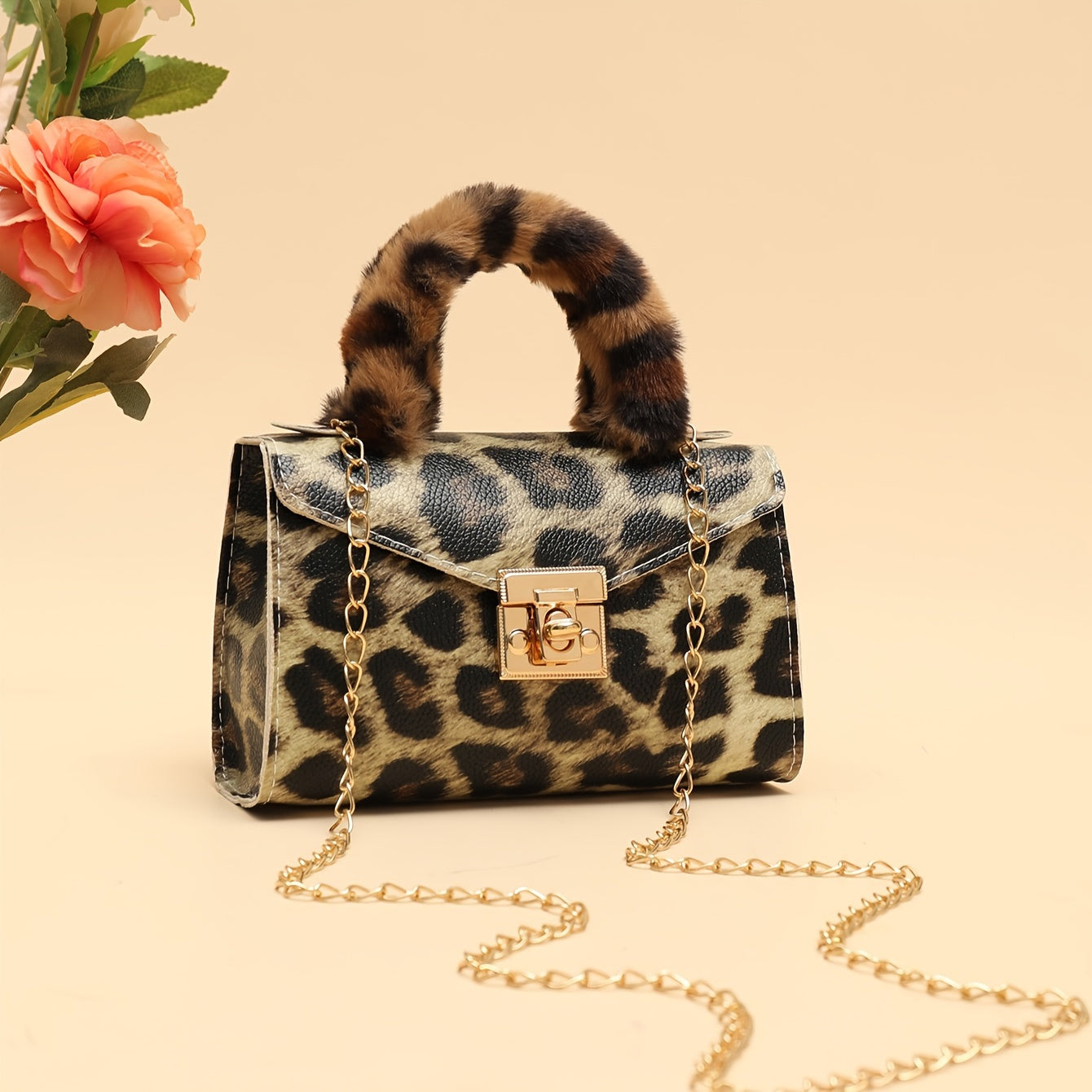 Furry Chain Crossbody Bag with Animal Print and Removable Strap for Daily Use