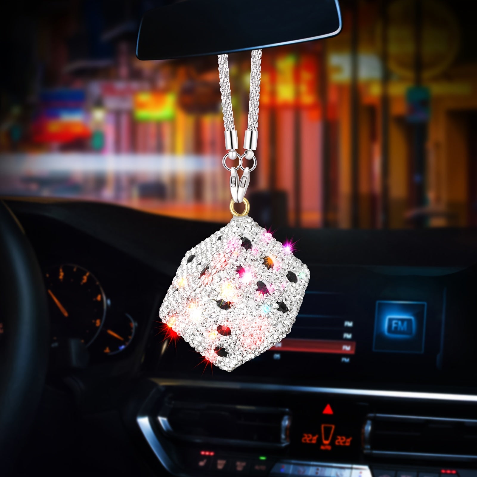 Unisex Stainless Steel Rhinestone Dice Car Rearview Mirror Pendant Auto Accessory