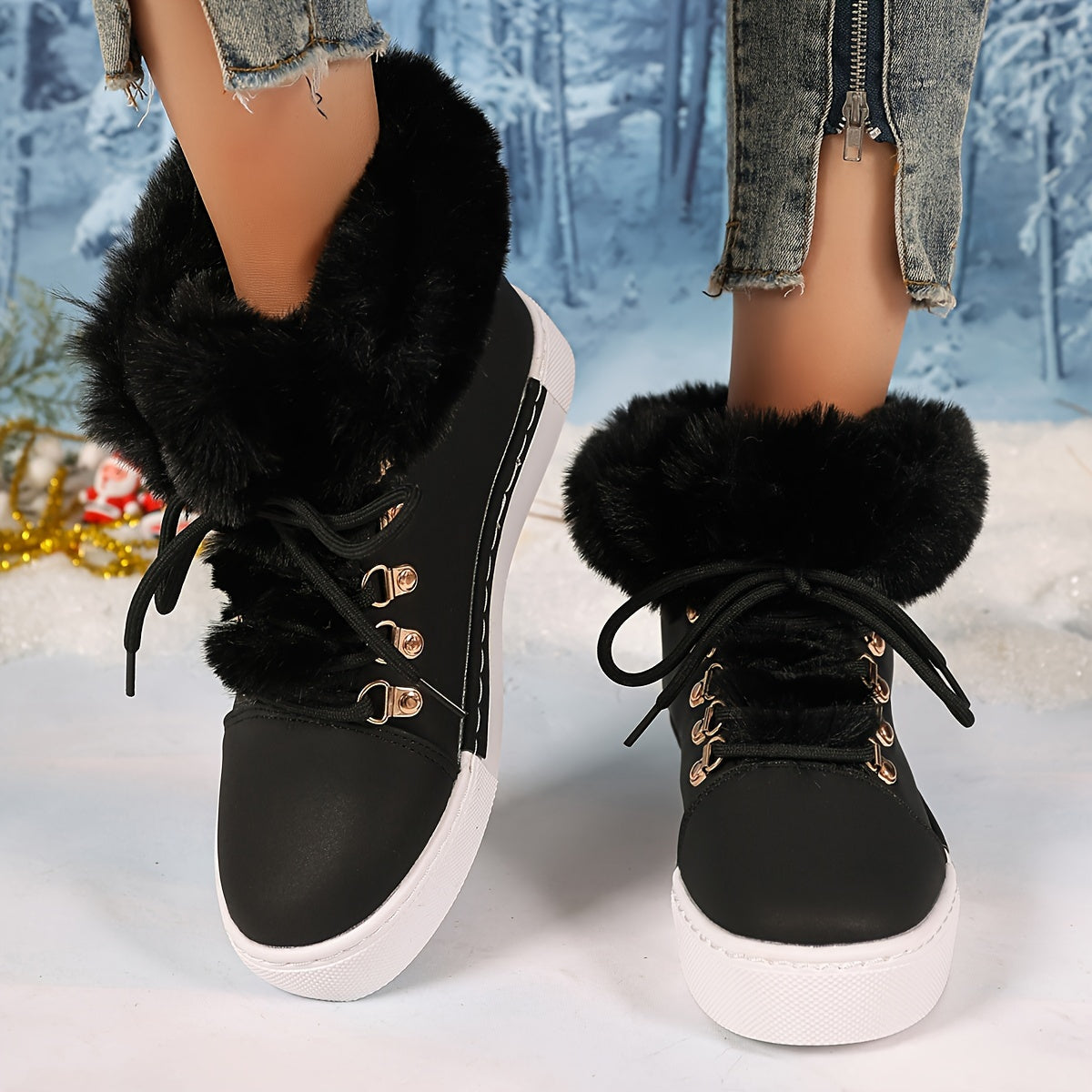Women's Plush-Lined Winter Sneakers with Tiger Buckle in Black Pink