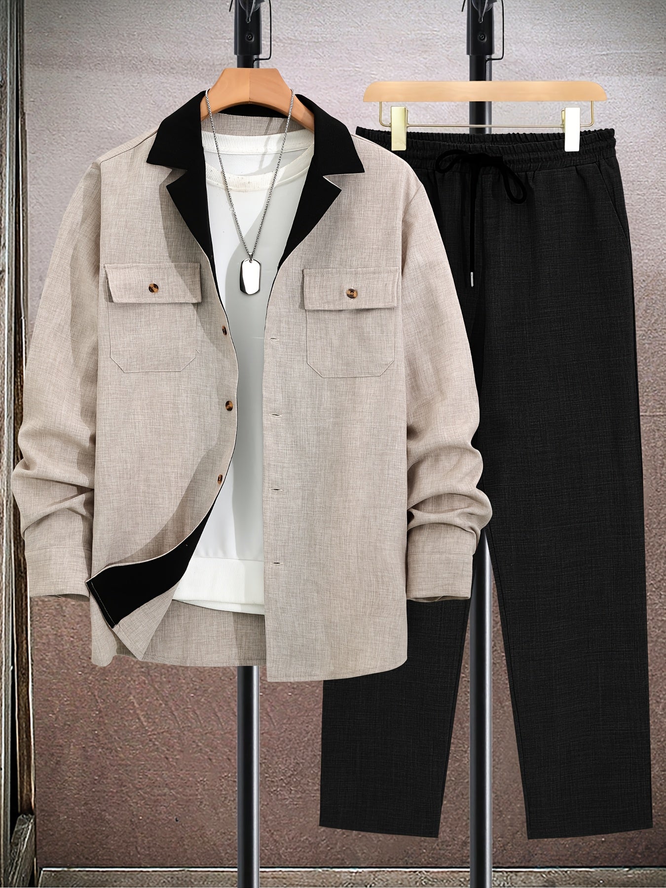 Conjunto de americana de tamaño grande para hombre en color verde oliva, de poliéster, casual, con botones, con bolsillos y pantalones negros para primavera y otoño