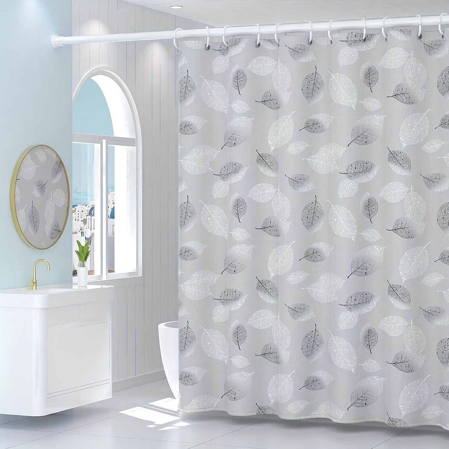 Autumn Leaves Water-Resistant PEVA Shower Curtain with Woven Leaf Pattern and Reinforced Grommets