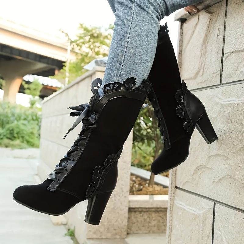 Women's Ruffle Lace Ankle Boots Waterproof Leather Stylish Footwear
