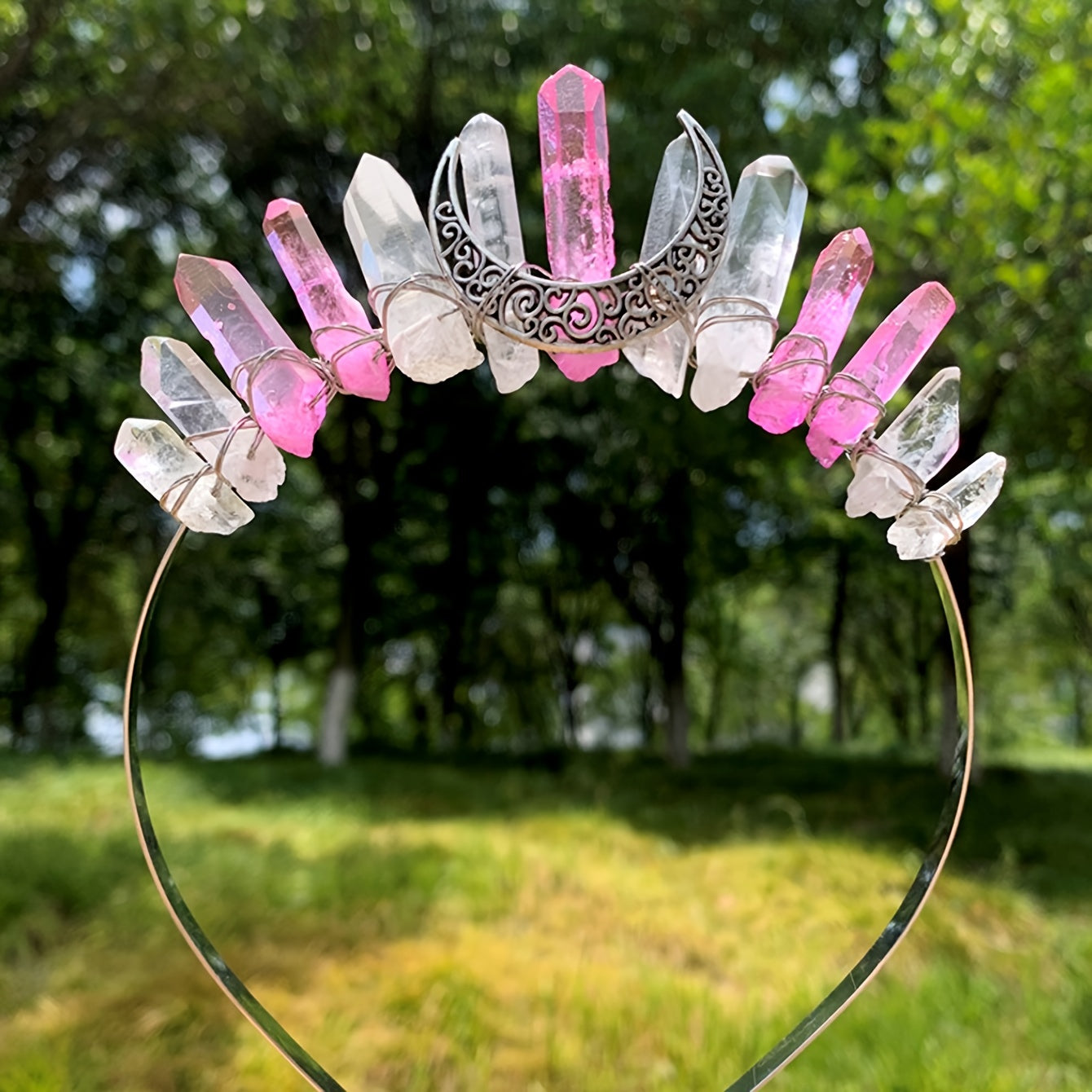 Women’s Crystal Quartz Raw Stone Crown Hairband Tiara for Weddings and Parties