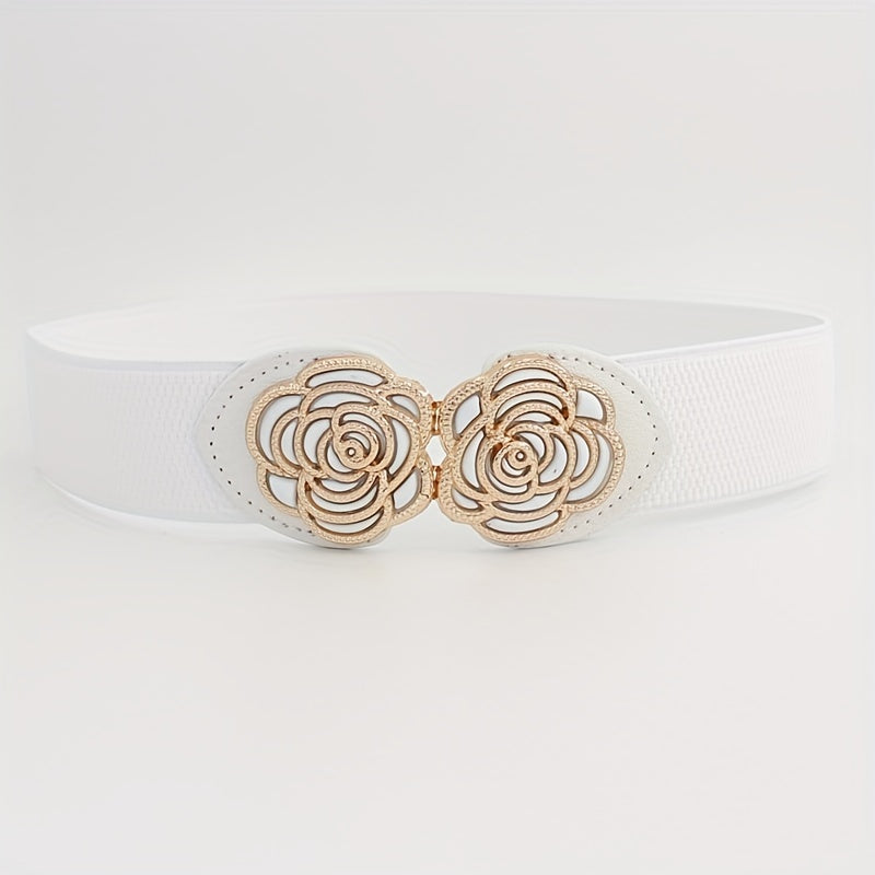 Women's Metal Leaf Buckle Wide Vintage Stretch Waist Belt for Dresses