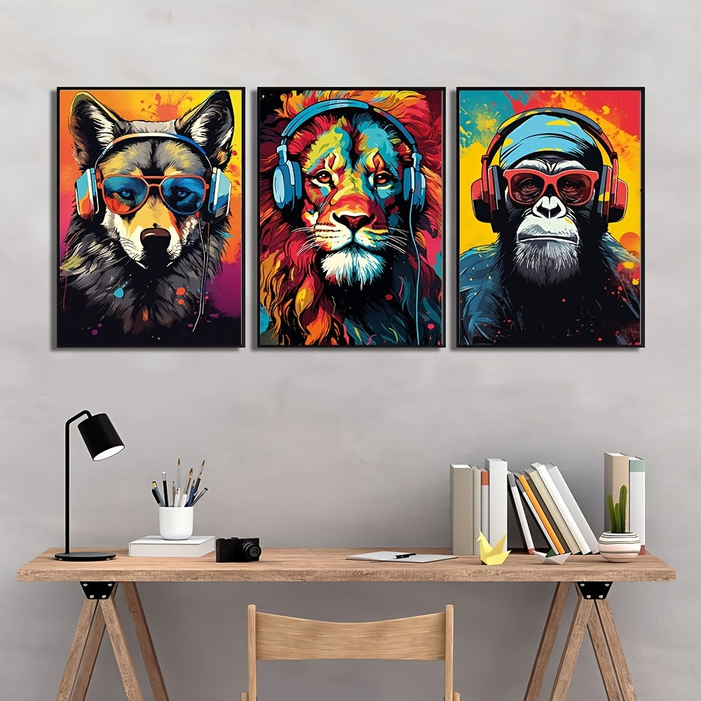 Set of 3 Animal Earphone Canvas Wall Art Posters Modern Animal Print Decor for Living Room Bedroom Corridor