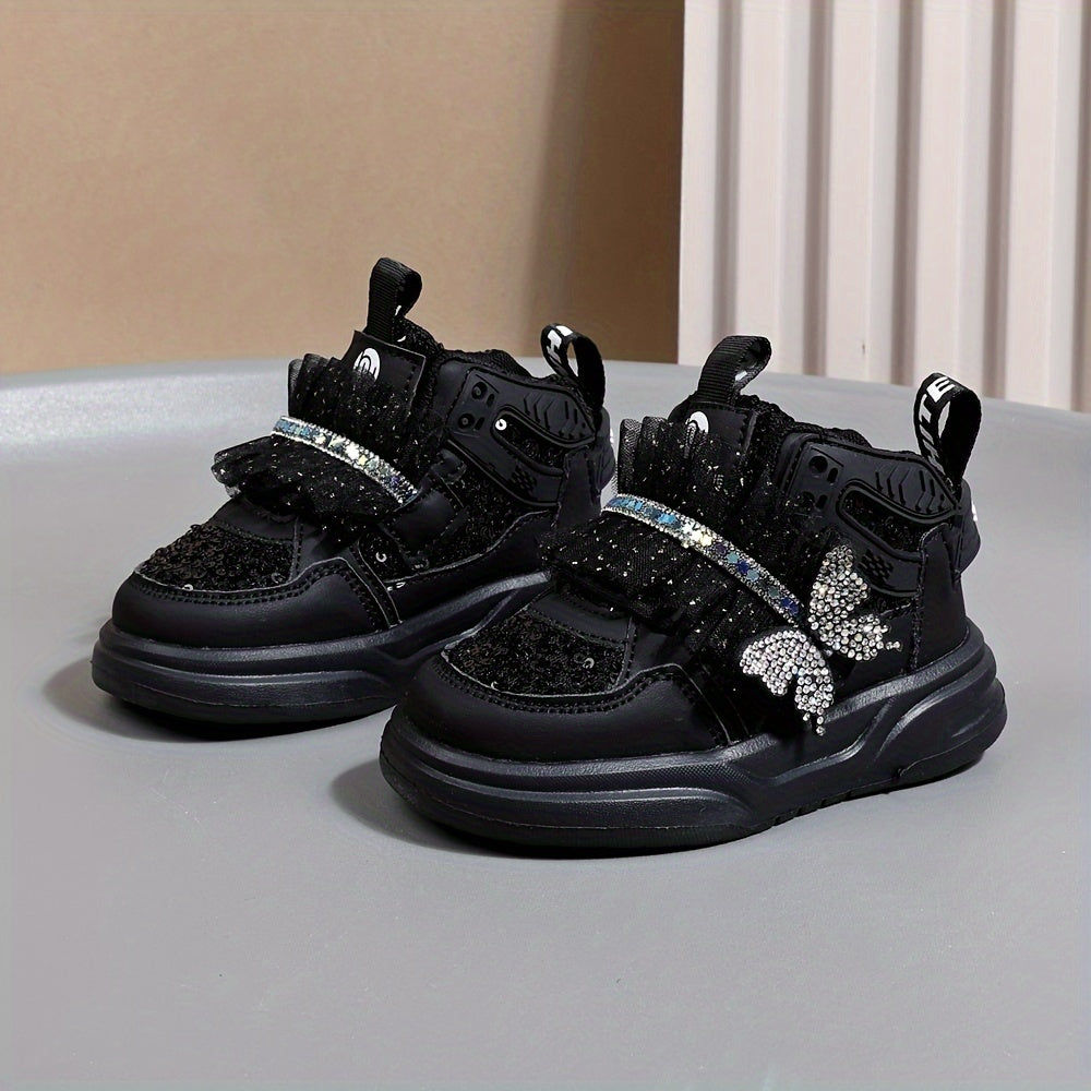 Girls' Mid-Top Sequin Rhinestone Bow Sneakers Casual Street Party Shoes