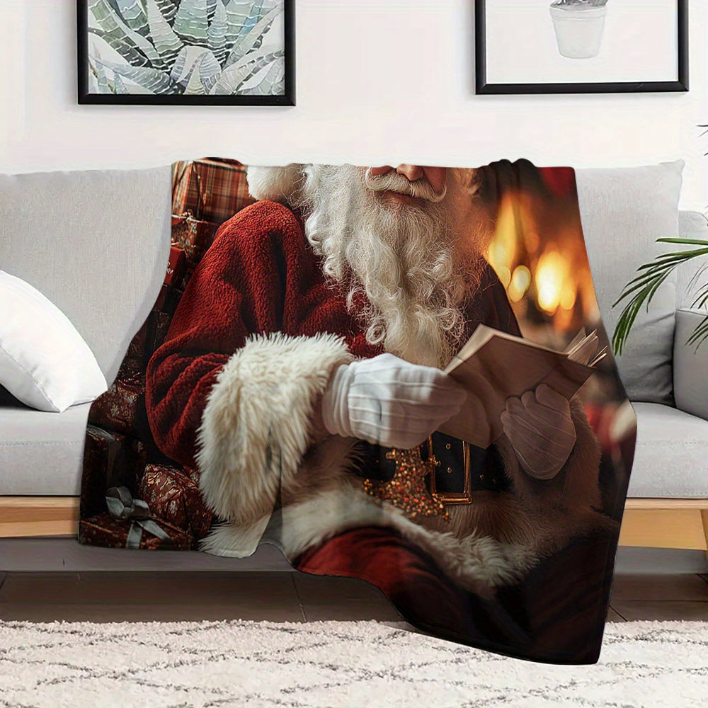 Flannel Fleece Throw Blanket with Digital Santa Print Hypoallergenic Quilted All-Season Christmas Gift
