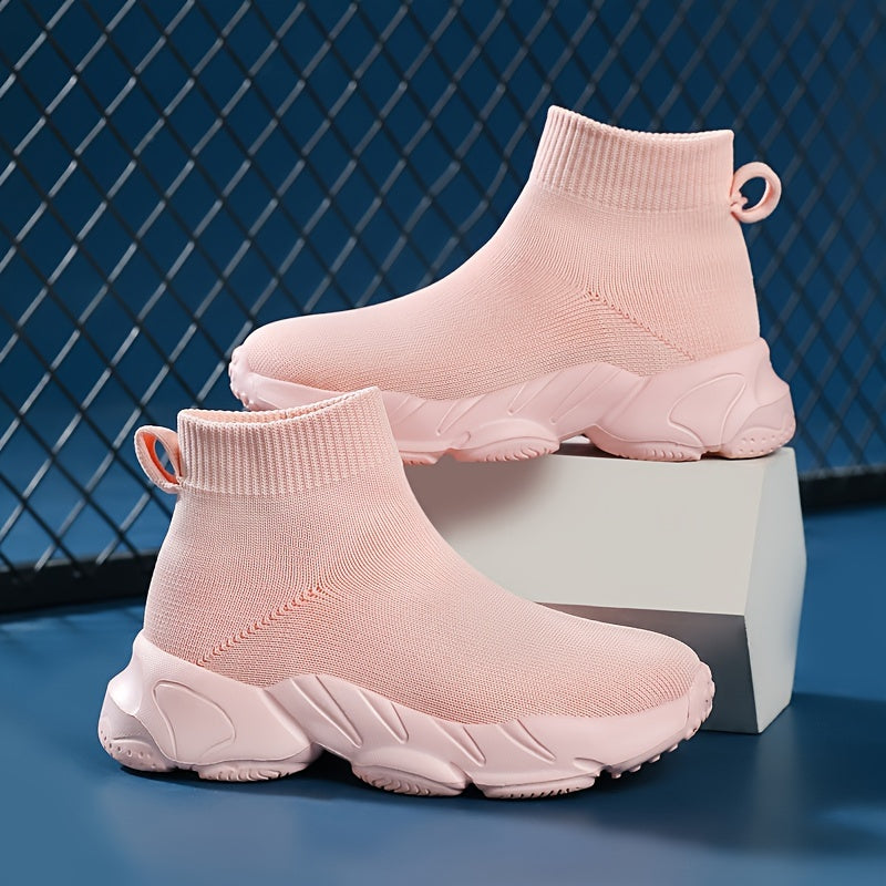 Zapatillas altas para mujer de color sólido, zapatillas slip-on de punto, cómodas y elásticas