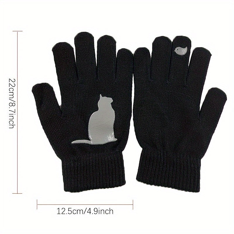 Knit Gloves for Women with Cat Print Split Finger Design Warm Winter Accessories