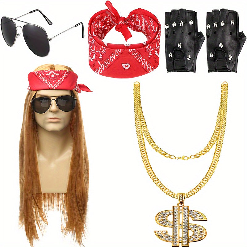 Punk Costume Wig with Straight Fiber Hair, Bandana, Glasses, Tattoo Sleeves