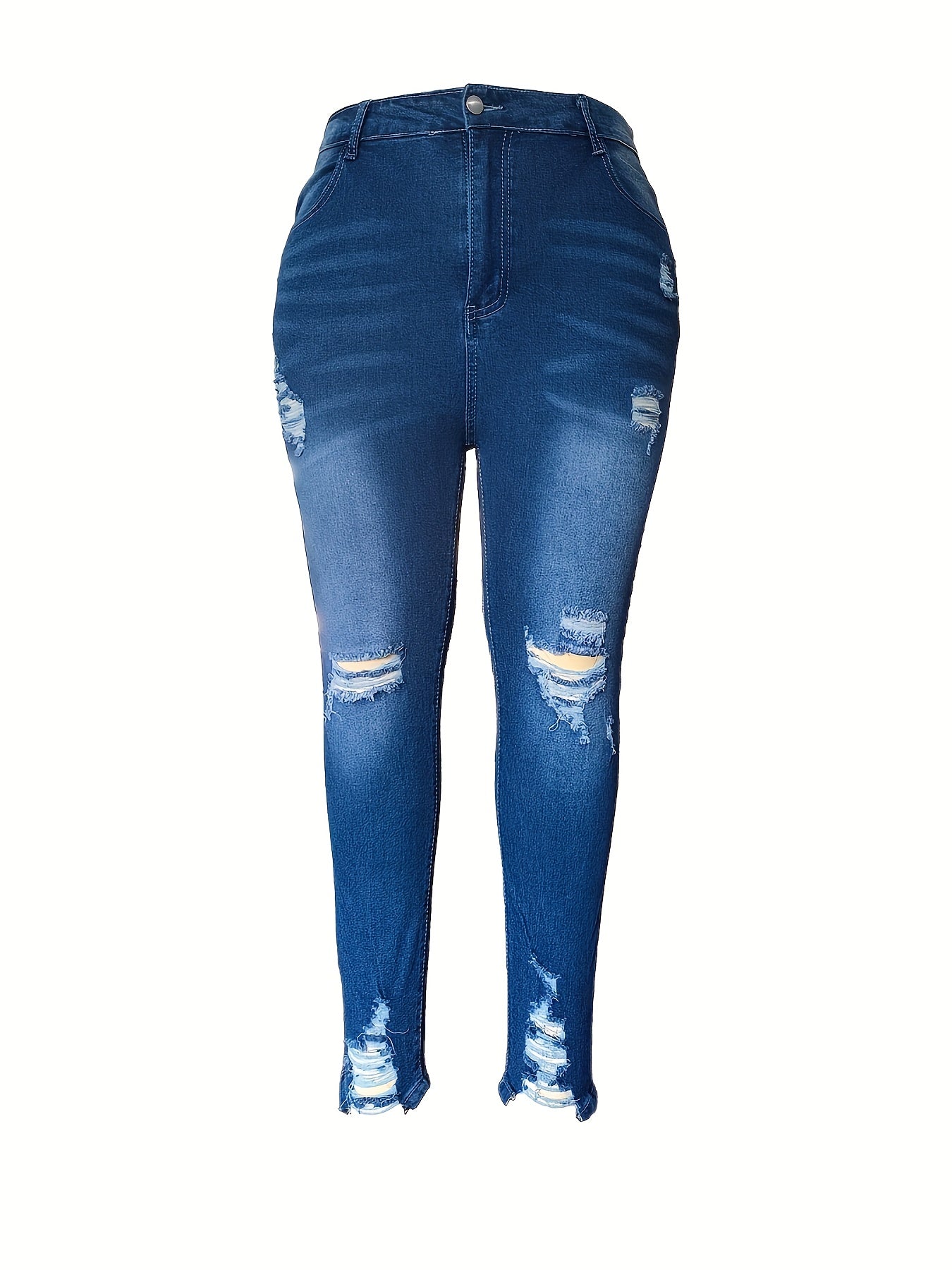Women's High-Waisted Ripped Skinny Jeans with Stretch Denim in Solid Color