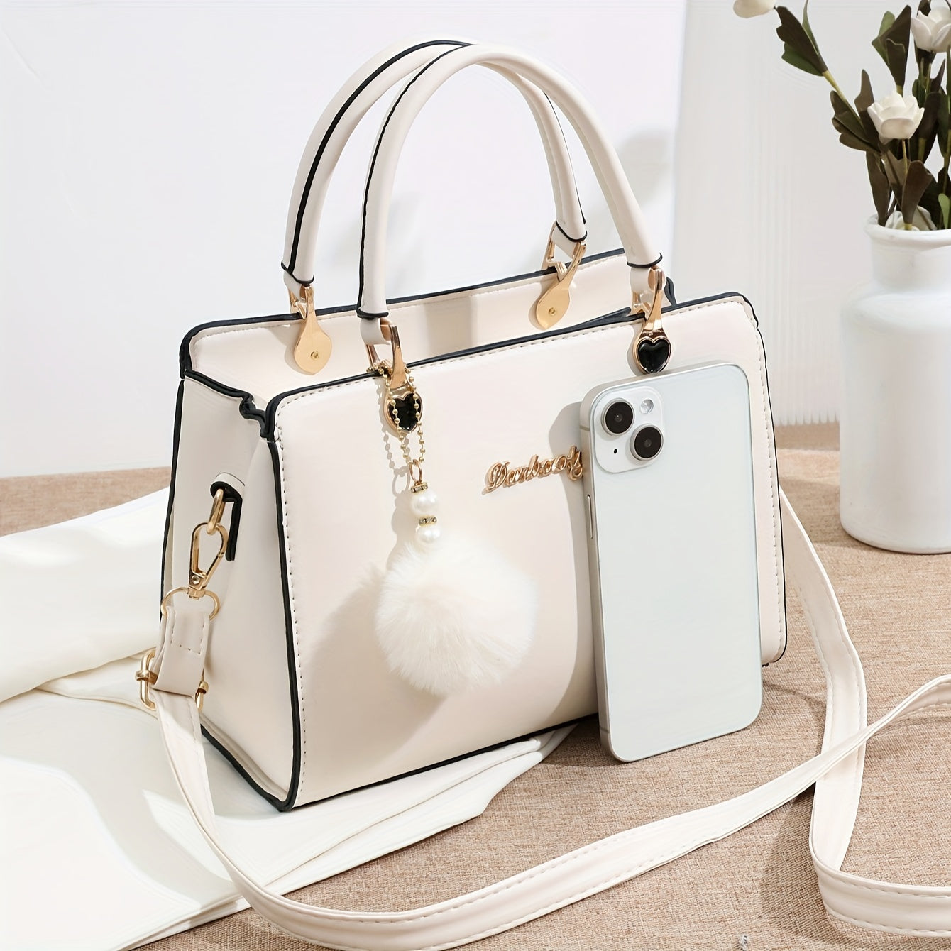 Solid Color Faux Leather Crossbody Handbag with Pompom Charms for Women