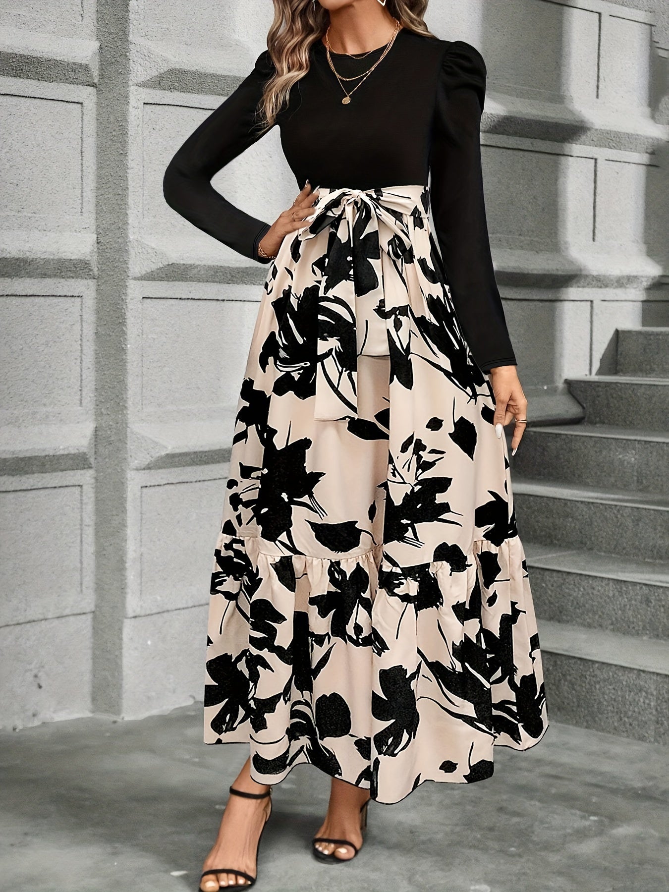 Women's Floral Print Tie Waist Midi Dress with Long Sleeves and Patchwork Design
