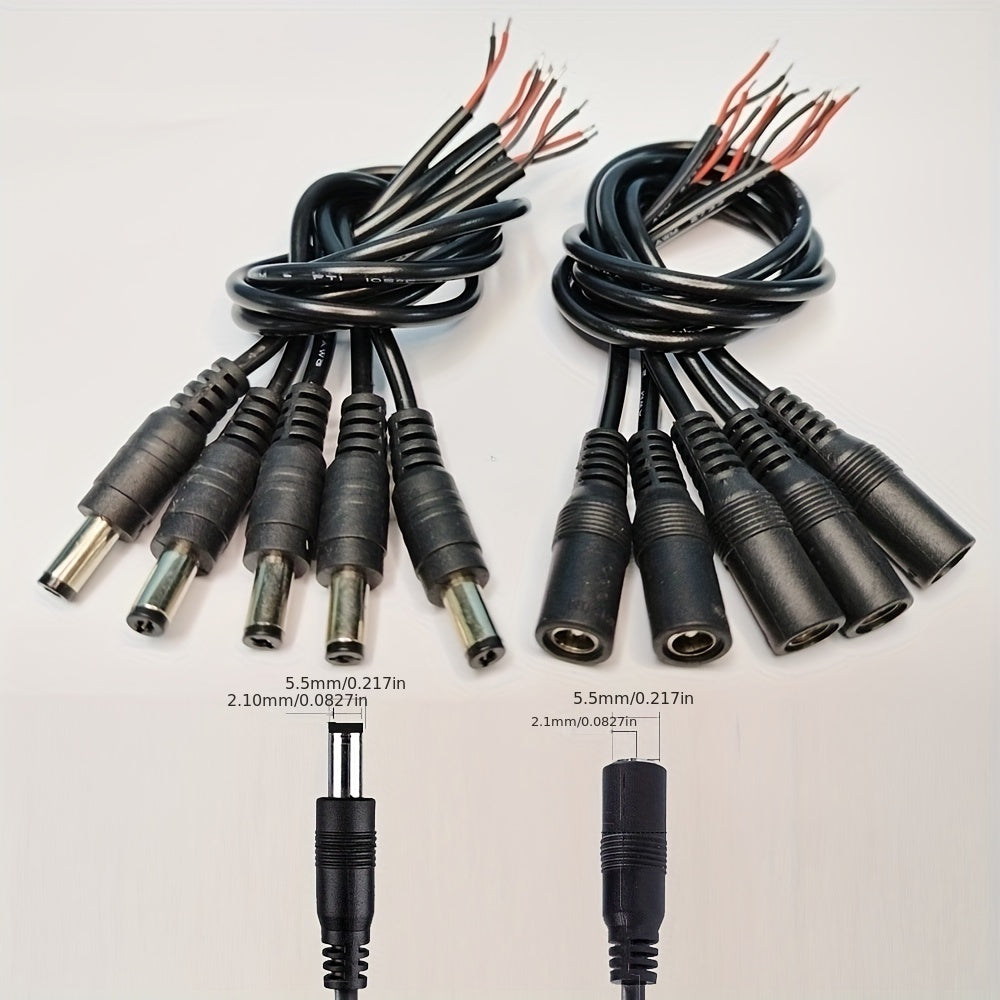 5 pares de conectores de enchufe de corriente continua macho y hembra de 12V 5.5x2.1mm con cables negros