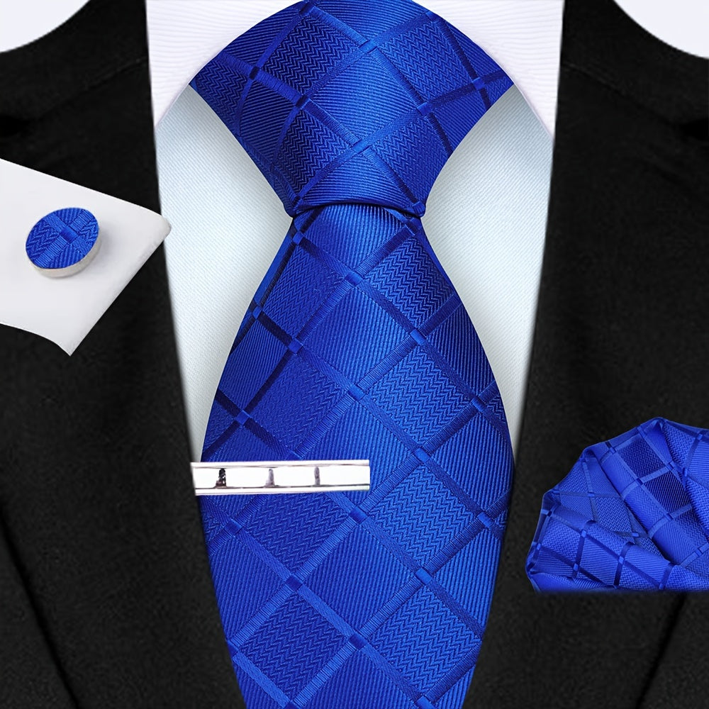 Men's Plaid Tie Set with Square Scarf Cufflinks for Weddings and Parties