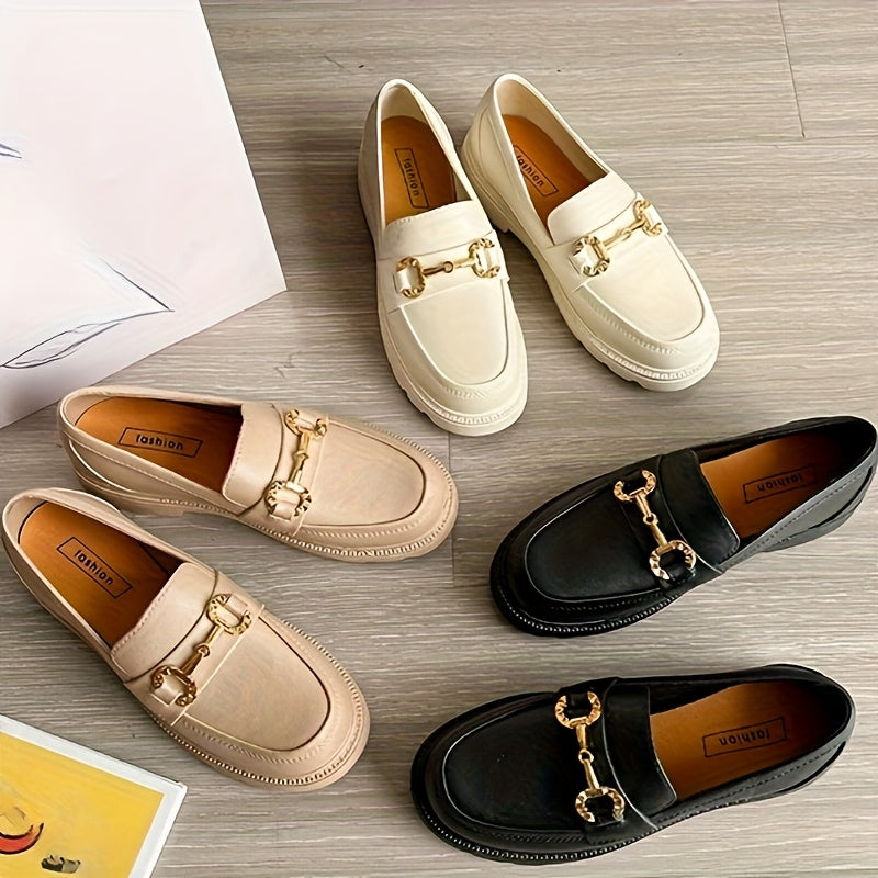 Women's Black Leather Loafers Slip-On Shoes with Metal Buckle