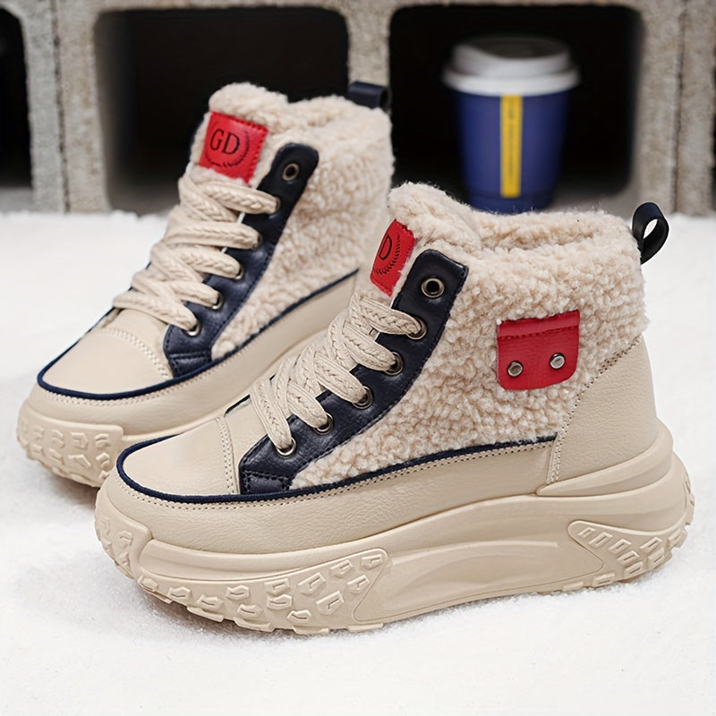 Women's Winter Ankle Boots Casual Lace-Up Flat Heel Solid Fabric Rubber Sole