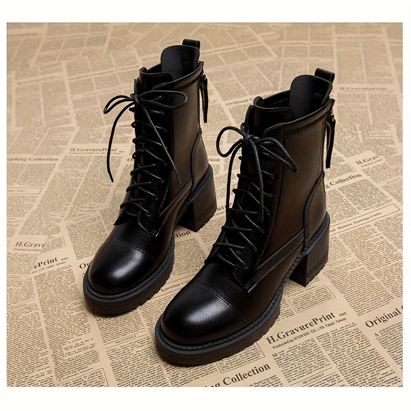 Ayollar uchun qora qalin o'rta poyabzal, tizzaga chiqadigan, charm, bog'lamli, kundalik va rasmiy kiyim uchun