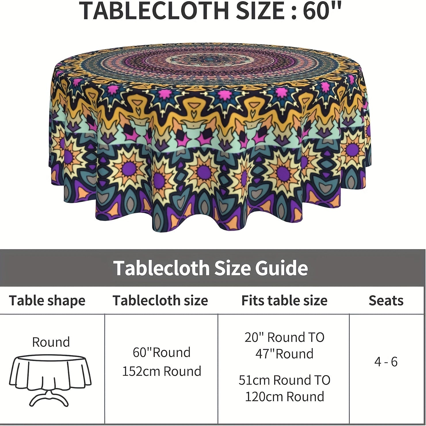 Round Waterproof Polyester Bohemian Mandala Tablecloth for Kitchen Dining and Outdoor Use