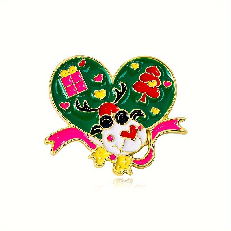 Festive Alloy Christmas Brooch Pin Set, Includes 1 Santa & 4 Reindeer Designs, Stylish Heart-Shaped Lapel Pins for Daily or Holiday Wear