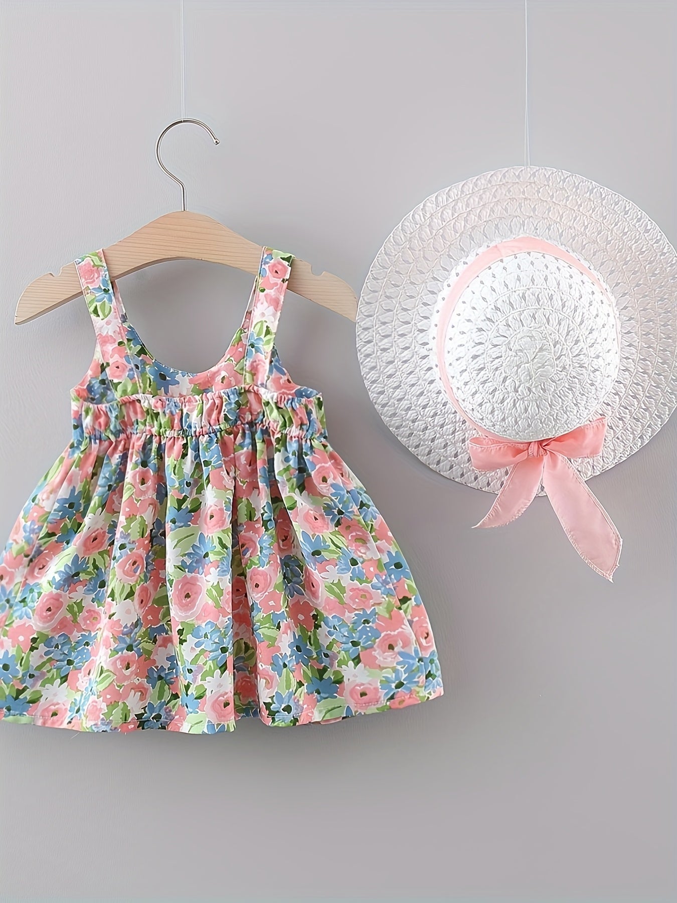 Baby Girls Floral Dress Set Summer Sleeveless Polyester with Hat Ages 0-3