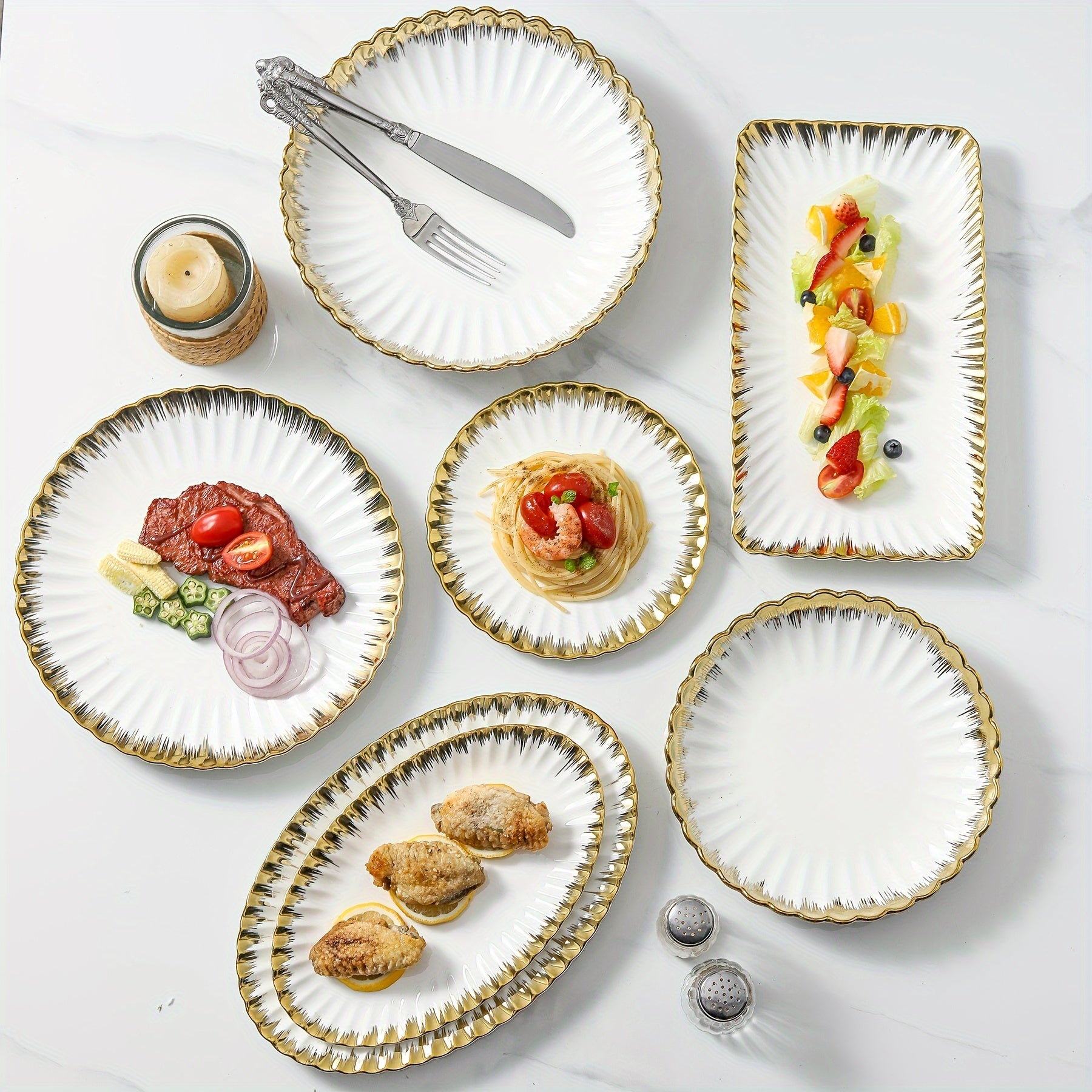 Set of 4 Ceramic Dinner Plates with Gold Rim for Pasta Salads and Desserts Dishwasher Safe Home and Restaurant Use