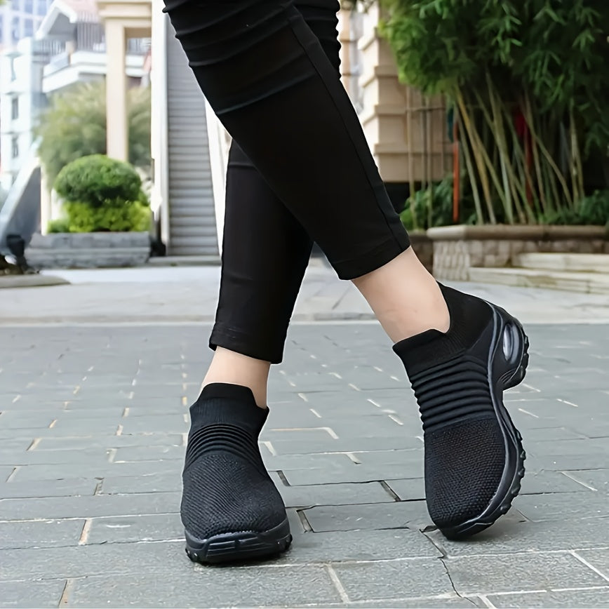 Women's Knit Slip-On Sneakers with Air Cushion Sole Black Casual Wear