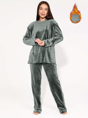 Women's Gold Velvet Two-Piece Suit with Long Sleeves and Trousers