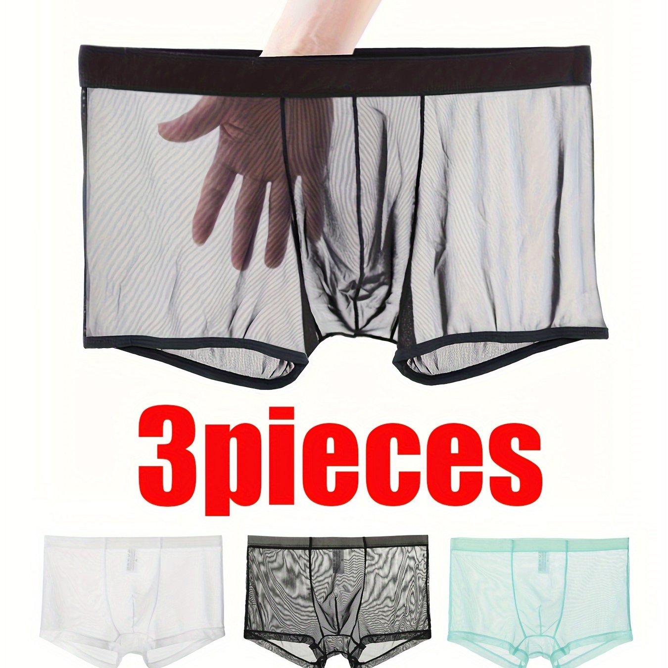 Men's Transparent Mesh Underwear Set 3 Pieces Flat Angle Style Polyester
