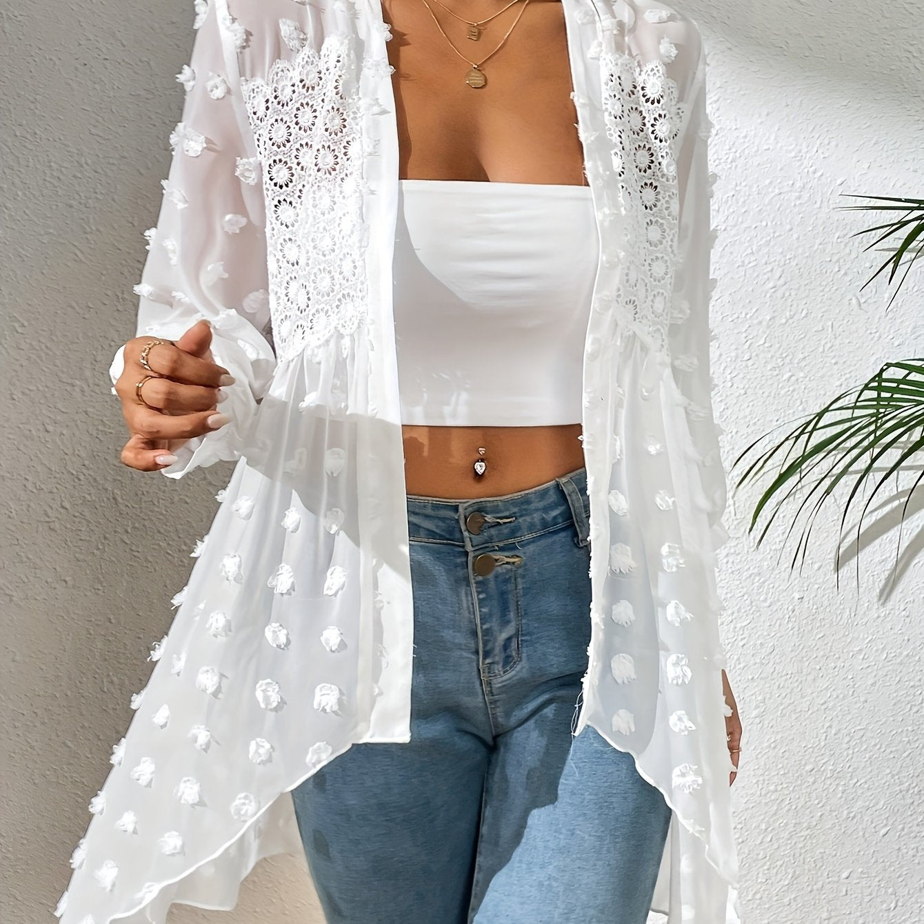 Women's Sheer Swiss Dot Open Front Cardigan Long Sleeve Polyester Summer