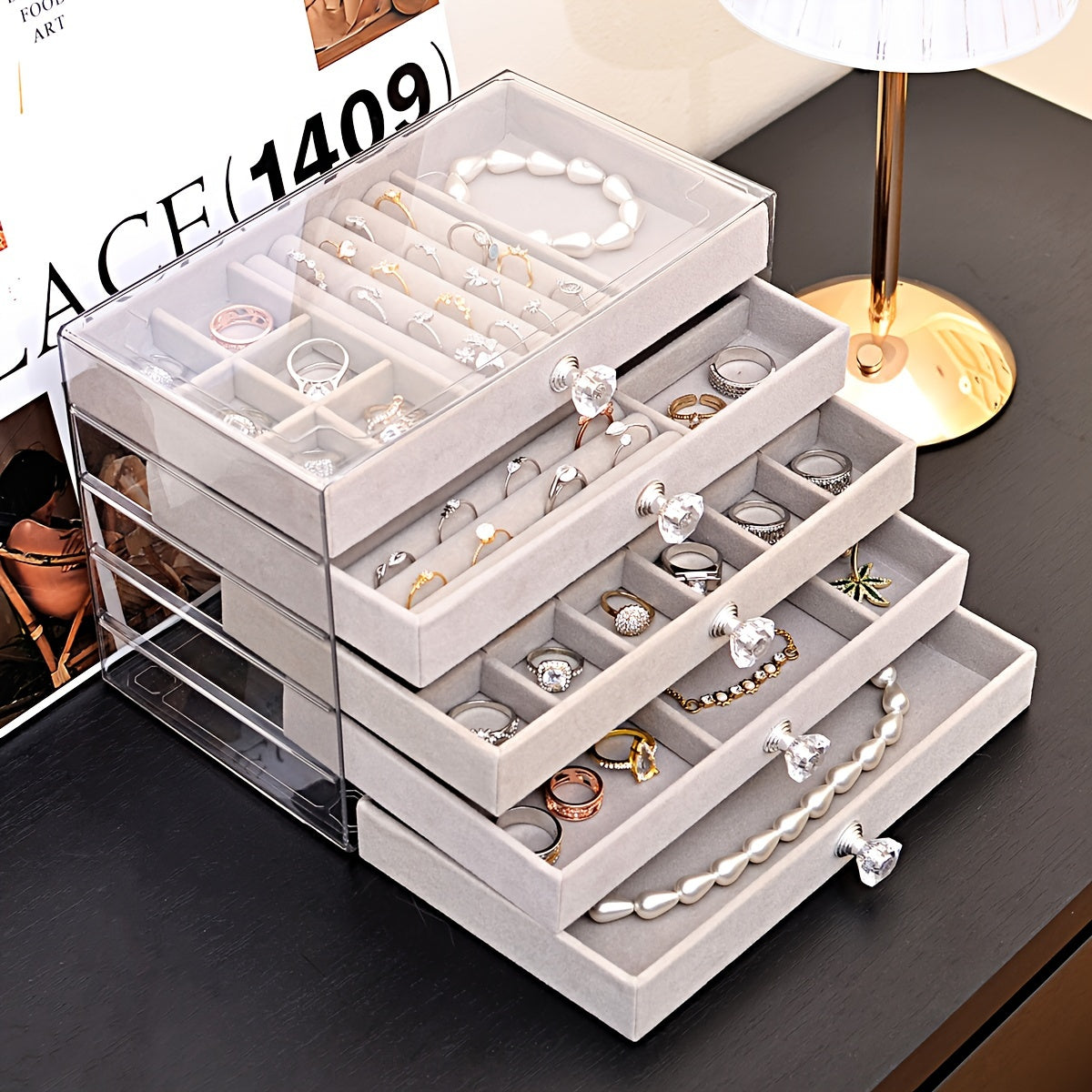 Бархатный органайзер для украшений с 5 ярусами и выдвижными отделениями для колец, серег, ожерелий и браслетов