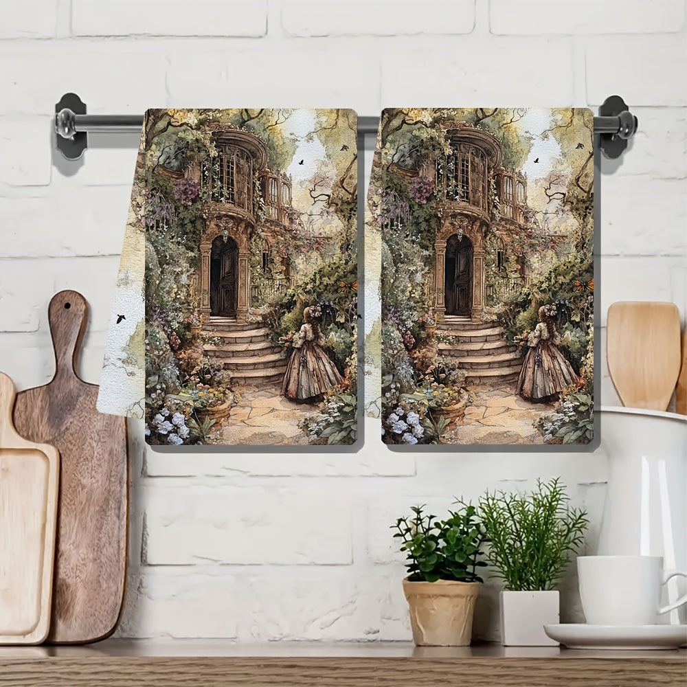 Juego de 2 toallas de cocina y mano ultra suaves y absorbentes, diseño de jardín victoriano