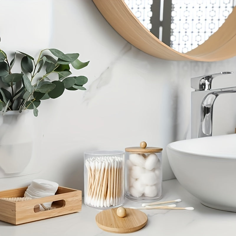 Clear Plastic Cosmetic Organizer with Bamboo Lid for Qtips Makeup Storage