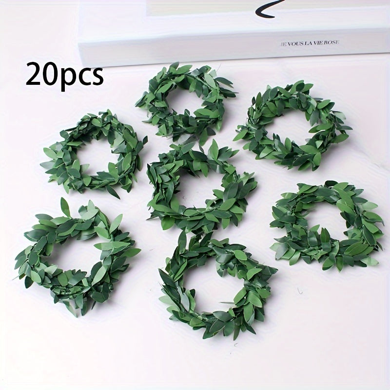 Juego de 10 aros para servilletas de ratán con hojas verdes de 6cm con alambre de PVC