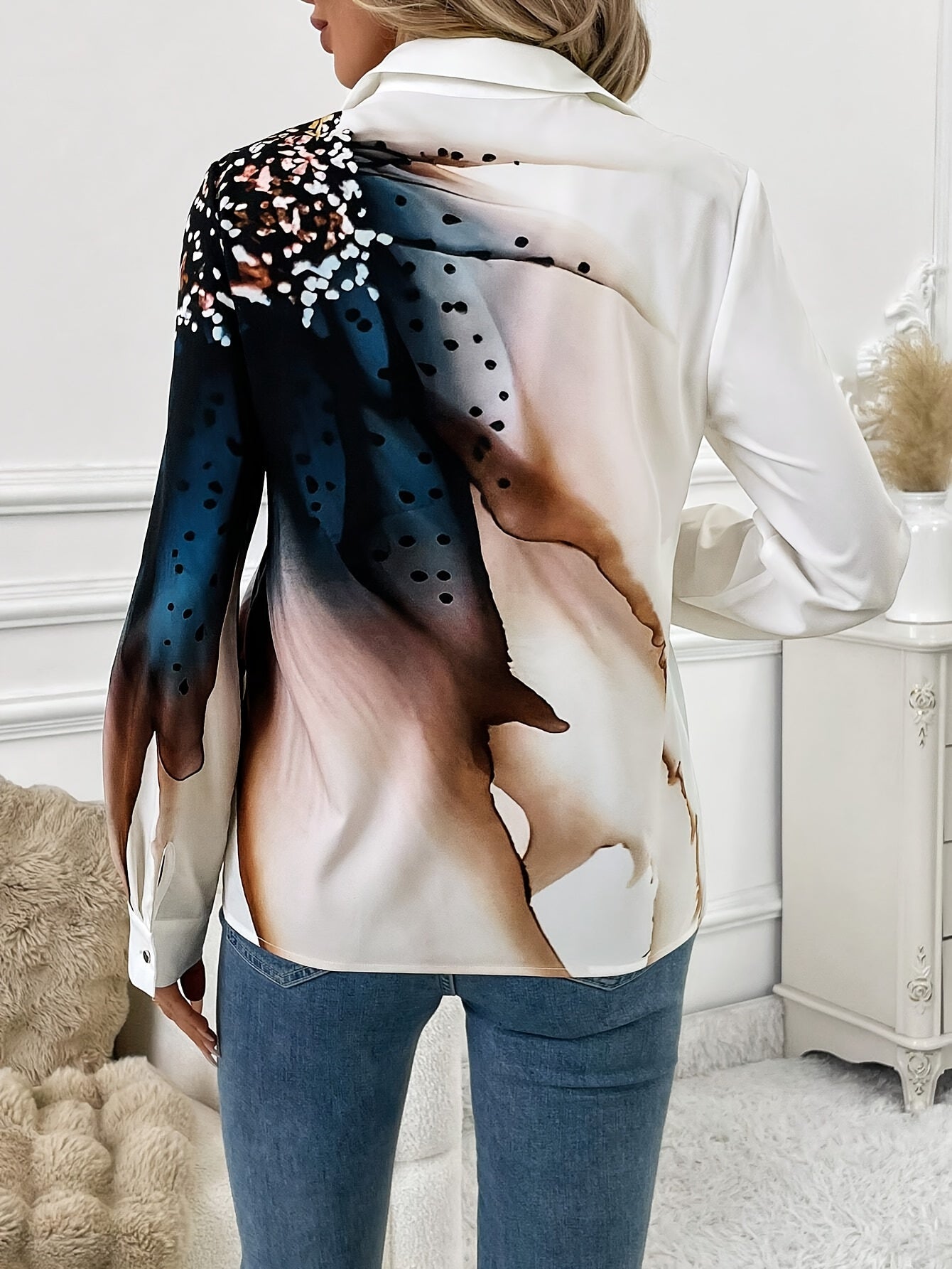 Plus Size Women's Floral Print Long Sleeve Blouse Casual All-Season Stretchy Fabric